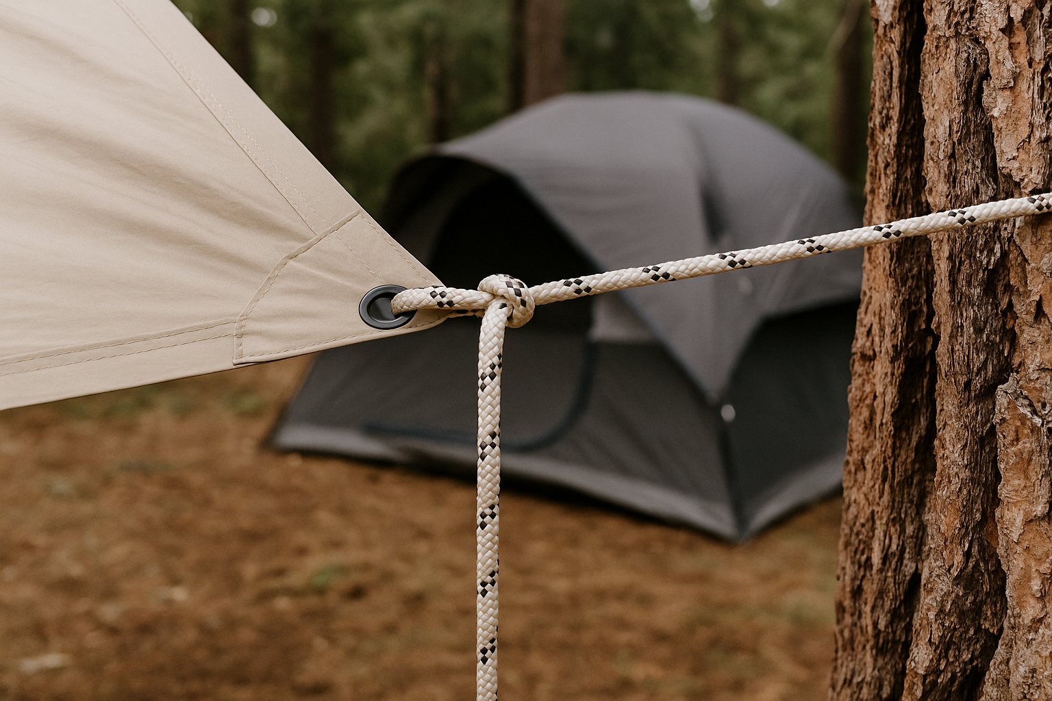 Rope being used to tie tarps or tents